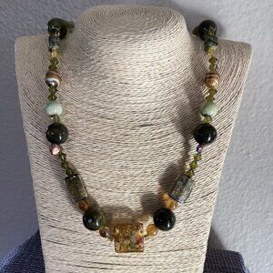 Artisan Green and Gold Beaded Necklace, glass and metal beads (30")